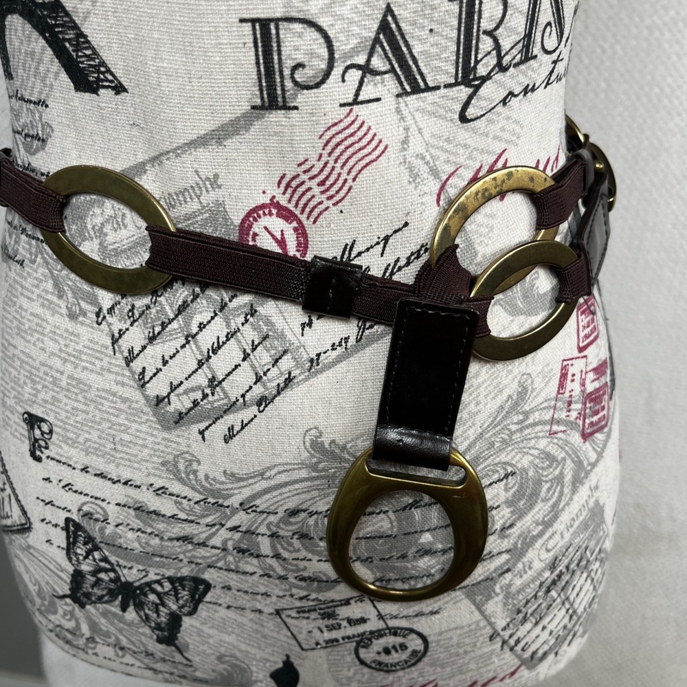 Lake Shore Drive Brown Leather Elastic Belt Brass Oval Link Chain SM